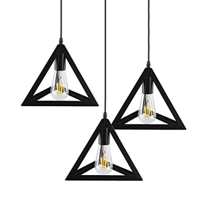 Image of JACKAL 3 Set Vintage Triangle Shape Pendant Light | Hanging Ceiling Light with Braided Cord | Decorative, Fancy Lights for Home, Living Room, cafe, Restaurants & Bar (Black) - with Bulb