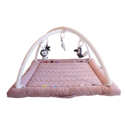 Image of CoocooBaby Play Gym with 5 Sensory Toys, Thick & Plush Playmat for Floor, Tummy Time Mat, Convertible Stage-Based Development from Baby to Toddler (Mistyrose_02)