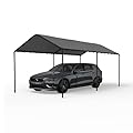 Carport, 10‘ x 20’ Heavy Duty Portable Garage All-Season Car Canopy w/Removable Sidewall & Doors, Carport Canopy Party Tent w/Water-Resistant Tarp for Backyard (Grey, 10' x 20' /no Side)