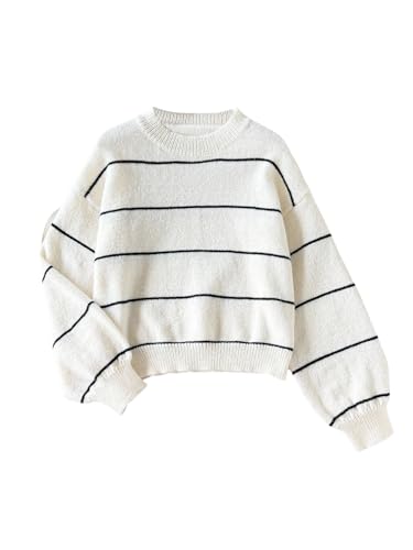 Image of BEAUDRM Girl's Cute Bow Sweater Crew Neck Long Sleeve Drop Shoulder Loose Pullover Tops