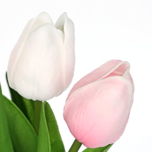 Briful 2 Packs Faux Flowers Artificial Tulips with Ceramic Vase, Poly Foam Pink-White Real Touch Flower Arrangement for Home Kitchen Wedding Centerpiece Decoration by Briful - Used condition - Image 5