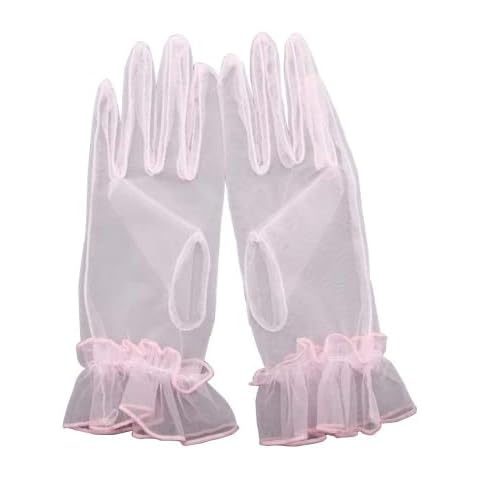 Hoseirty Women's Pink Short Tulle Wedding Party Gloves for Bride Wrist Length Vintage Sheer Tea Party Evening Prom Opera Party Gloves Cover