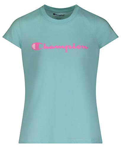 Champion Girls Heritage Short Sleeve Script Logo Tee Shirt Big and Little Girls (X-Large, Blue Mist Script)