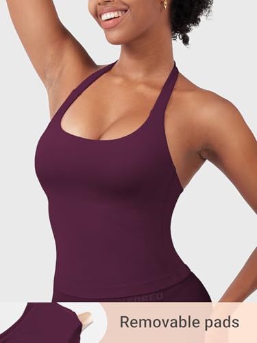 Image of YEOREO SoftHue Women's Impact Halter Tank Top Longline Backless Scoop Neck Built-in Bra Sports Workout Gym Crop Top