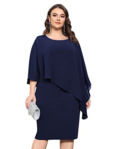 KIMCURVY Vestido de capa de talla grande para mujer, vestido de lápiz con superposición de gasa, vestido midi para boda, cóctel, fiesta, Azul marino, Large
