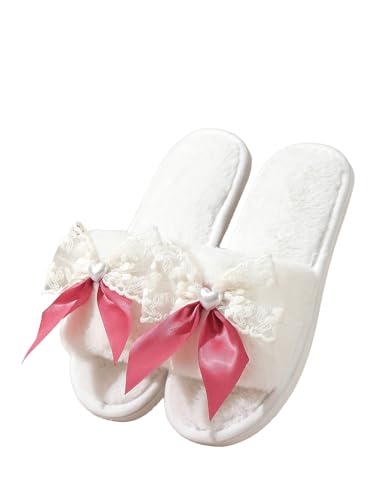 Verdusa Women's Open Toe Plush Slippers Fuzzy Home Bedroom Slippers with Lace Bow