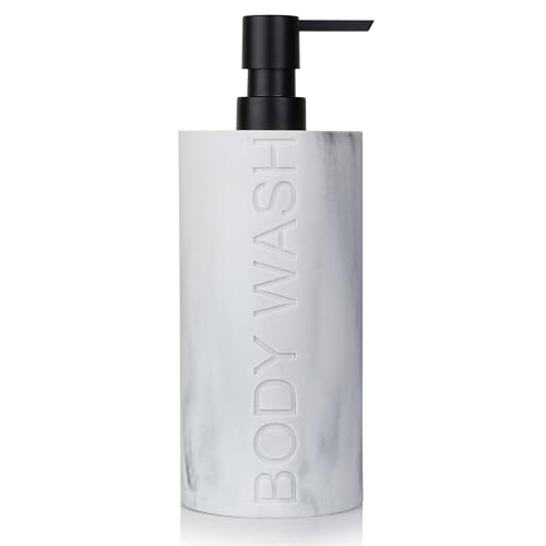 Indecor Home Resin White Marbled Body Wash Engraved Bottle Refillable Pump Dispenser, Durable...