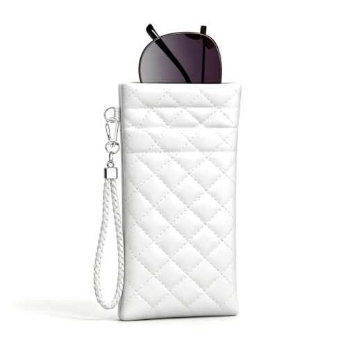 Image of Double Eyeglass Case Squeeze Top Glasses Pouch, Leather Soft Sunglasses Case with Carrying Strap