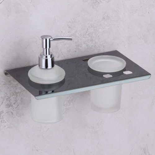 Image of Plantex Soap Dispenser with Tumbler Holder /Stainless Steel 2 in 1 Liquid Soap Dispenser /Hand Wash Dispenser with Tooth Brush Holder for Wall Mount /Bathroom Accessories (Black-Chrome)