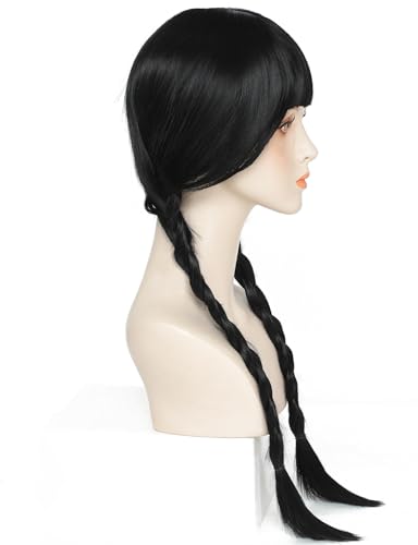 Image of Rose bud Wednesday Addams Cosplay Wig Long Hair Heat Resistant Adjustable Fit 23 Inches Double Braided Black Wigs With Bangs for Halloween Cosplay