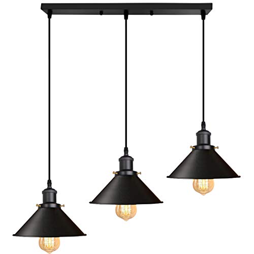 iDEGU Suspension Luminaire Industrielle Lustre Plafonniers Design Edison Métal 3 Lampes Lustre Suspension, Ø 220Mm, Noir Mat Douille