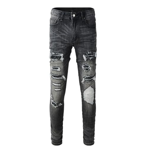 Jeans Pants Trousers Denim Trendy Street Setting Zircon Sequins Ripped Distressed Gray Hole Stretch Slim Fit Fringed Casual Small Straight Leg for Men(Dark Grey,31)