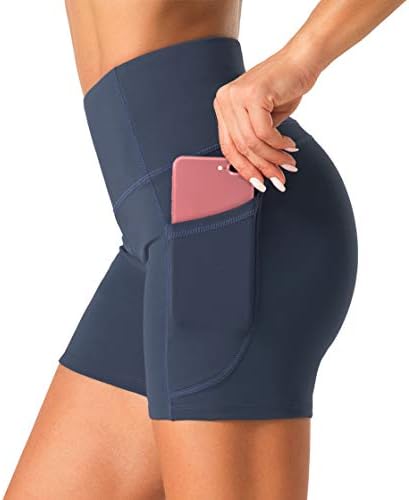 Dragon Fit High Waist Yoga Shorts for Women with 2 Side Pockets Tummy Control Running Home Workout Shorts (Medium, Ink Blue)