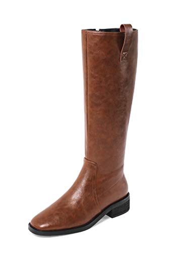 TinaCus Women's Handmade Genuine Leather Round Toe Low Block Heel Side Zip Up Western Style Knee High Riding Boots