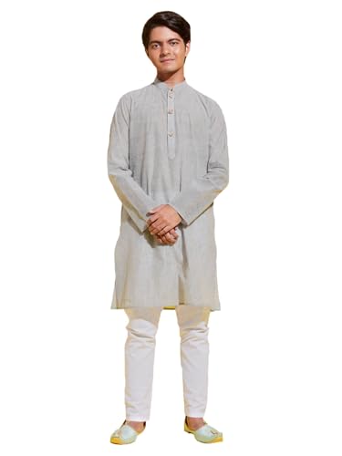 Image of VASTRAMAY boys VASTRAMAY YUVA Boys' Ash Grey and White Pure Cotton Kurta Pyjama Set