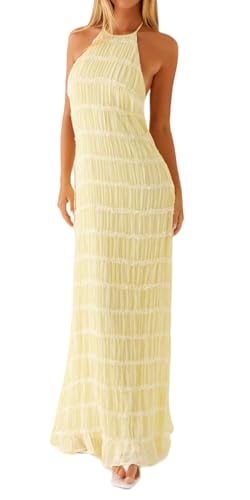 Image of Women Summer Halter Neck Maxi Dress Flowy Ruffle Tiered Sleeveless Sundress Boho Backless Spaghetti Strap Long Dress