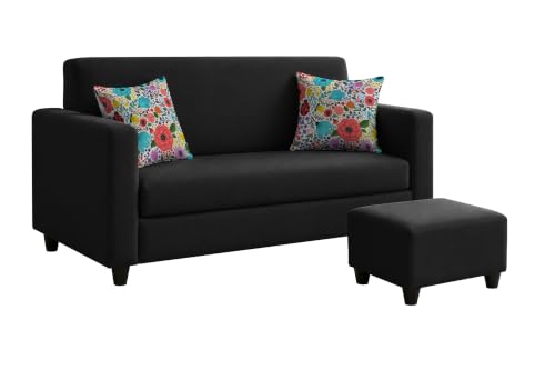 Image of Rosebell 2 Seater Sofa with Ottoman | Living Room Couch | with Printed Cushions | Sofa for Home, Apartment & Office-Black Color