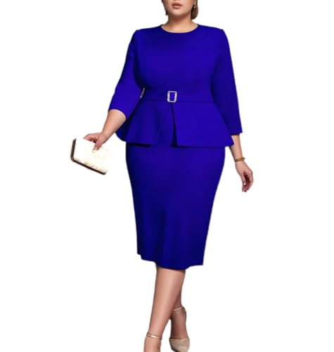 Image of ONTINVA Plus Size Dress for Curvy Women Midi Church Wear to Work Bodycon Vintage Peplum 3 /4 Sleeve Sheath Pencil Dress