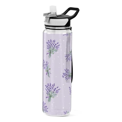 OWFKAY Botella de agua de 907.2 g con pajita, Tritan sin BPA, patrón de fondo de lavanda, botella de agua deportiva con asa de transporte, a prueba de fugas, perfecta para viajes, escuela, gimnasio