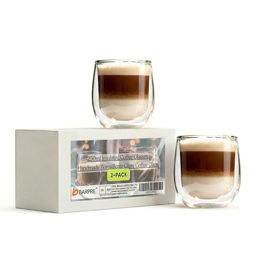 Barpre Double Walled Glass Mugs Set of 2-250ml Insulated Coffee Glasses, Handmade Borosilicate Glass Coffee Cups for Hot & Iced Drinks, No Sweat Cold, Burn-Free Hot Beverages（No-Frills Packaging）