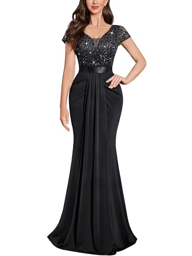 Image of Miusol Women's Deep V-Neck Lace Sequin Pleated Evening Formal Maxi Dress