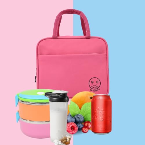 Image of HYLOL Women and Kids Portable and Reusable Insulated Cotton Thermal Cooler Lunch /Tiffin /Storage Bag for Office Women, College, and School (Pink)