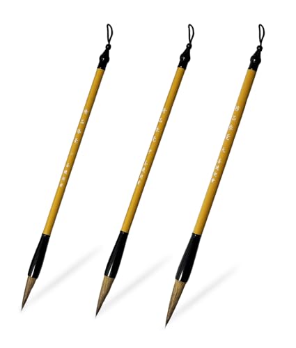 Corciosy 3 Sizes Chinese Calligraphy Brush Set Chinese Writing Brushes Wooden Ink Watercolor Painting Brushes Traditional Art Sumi Brush Wolf Hair (Large Medium Small)