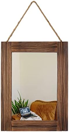 EMAISON 16 X 12 Inch Rustic Wood Framed Wall Mirror with Hanging Rope for Farmhouse Décor, for Entryway, Bedroom, Bathroom, Dresser, Brown