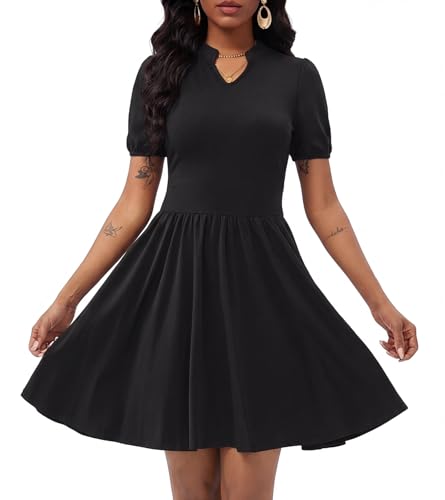Image of Women's V Neck Summer Dress Puff Short Sleeve Flowy Stretchy Flowy Comfort Fit for Daily Wear Work Midi Casual Dresses