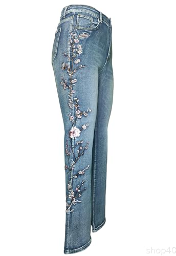 ebossy Women's Embroidery Floral Boot Cut Jeans Retro High Waist Slim Horseshoe Denim Pants3