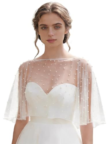 SAWINDA Pearl Shawl Wrap Shrug Wedding White Satin Edge Cape Elegant Tulle Sheer Bridal Scarf Capelets Formal Lace Dress Cover up Evening for Brides Women