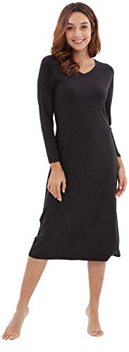 WiWi Bamboo Cotton Nightgowns for Women Soft Long Sleeve Loungewear V Neck Sleepwear Plus Size Nightshirts S-3X, Black, Large