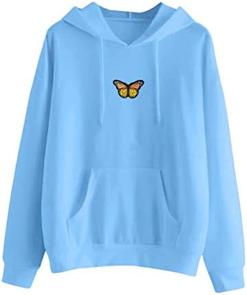 MISSACTIVER Women's Butterfly Patchwork Pocket Casual Pullover Hooded Sweatshirt (Large, Blue)