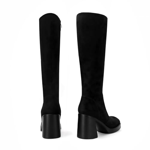 Image of SOVANYOU Black Leather Boots Platform Boots for Women Fashion Square Toe Chunky Block Heeled Boots Side Zip