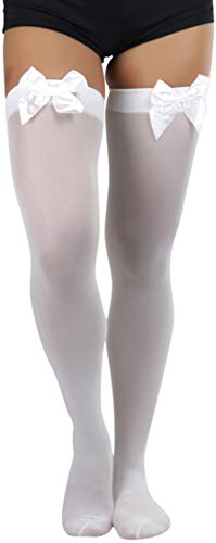 Image of ToBeInStyle Women's Opaque Long Thigh High Stockings w /Decorative Front Satin Bow