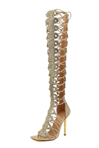 Image of STUPMARY Women Peep Toe Sandals Cut-outs Cross-tied Lace Up High Heeled Gladiator Sandals Zipper Over The Knee Bootie Summer