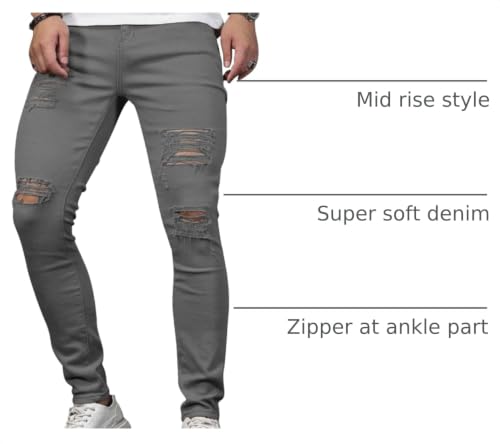 Image of HUNGSON Men's Blue Slim Fit Jeans Stretch Destroyed Ripped Skinny Jeans Side Striped Denim Pants
