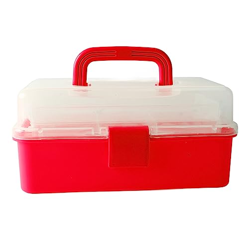 Image of 3 Layer Folding Storage Box, Plastic Dividing Storage Box Handled Art Supply Organizer Portable Folding Tackle Box with Handle Red for Sewing, Art Supplies, Medicine, Tools(27.5x16x13cm)