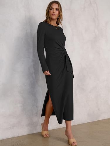 ANRABESS Womens 2025 Fall Long Sleeve Maxi Dress Crewneck Tie Waist Slit Casual Work Long T Shirt Dresses Trendy Outfits3
