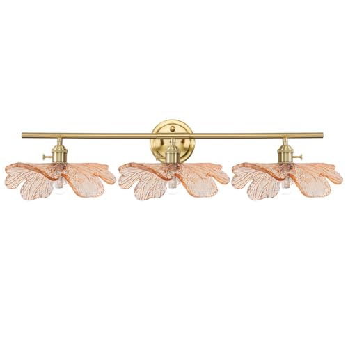 Image of 3 Light Bathroom Vanity Lighting, Gold Brass Wall Mount Light with Amber Flower Petal Glass Shade, Mid Century Vanity Lights Over Mirror for Living Room Hallway