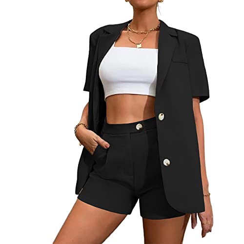 Conjunto de 2 peças de roupa feminina casual de verão de manga curta com botões e shorts, Preto, XXG