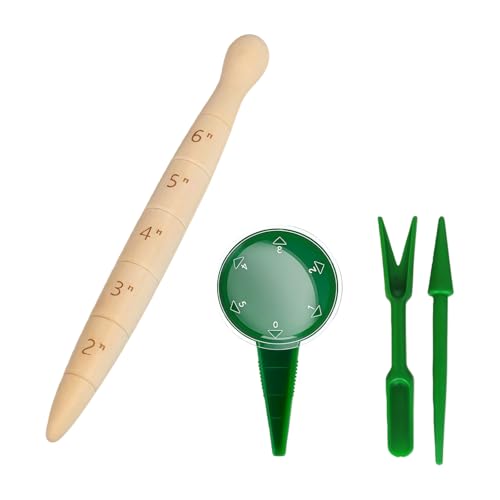 XSJIJKAG 4er Pikierstab Holz Pikierset für Garten Zubehör und Gewächshaus Zubehör, Garten Gadgets zur Aussaat, Pflanzholz mit Skala, Saatgut-Dosierer und Umpflanz-Werkzeug
