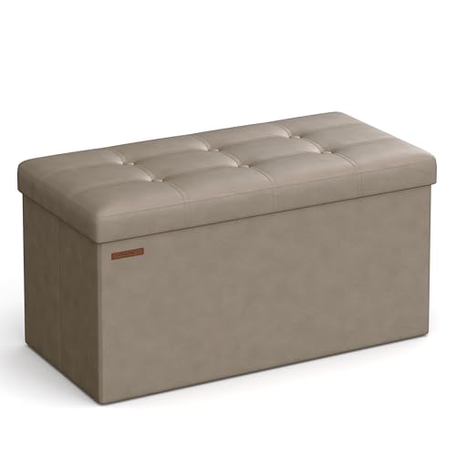 SONGMICS Puff Almacenaje, Baúl de Almacenaje Plegable, 38 x 76 x 38 cm, Taburete Reposapiés, Banco de Cubo, Soporta hasta 300 kg, para Sala de Estar, Dormitorio, Entrada, Marrón Camello LSF040R01