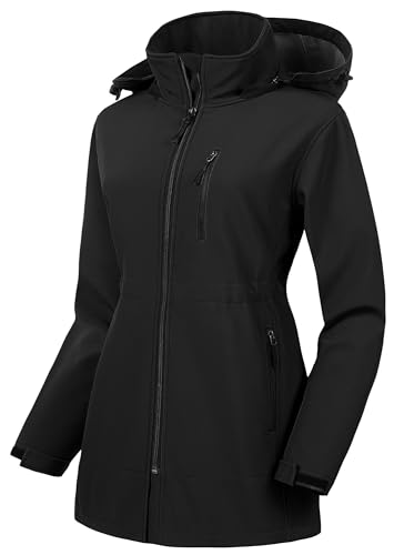 CREATMO US Women's Plus Size Long Softshell Jacket Waterproof Fleece Lined Rain Jacket Lightweight Windbreaker With Hood