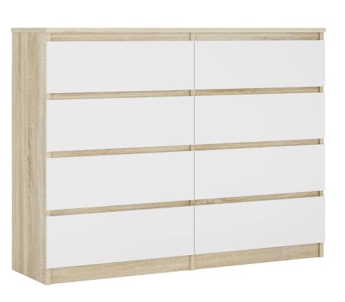 3E 3xE living.com Kommode mit 8 Schubladen 120 cm, Farbe: Sonoma Eiche/Weiss, H: 102 cm, B: 120 cm, T: 39 cm