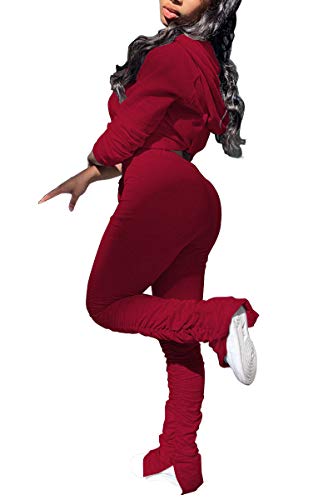 PINSV Women\'s 2 Piece Outfits Long Sleeve Workout Sets Zip Up Hoodie Pleated Flare Pants Tracksuit Sweatsuit Wine Red L