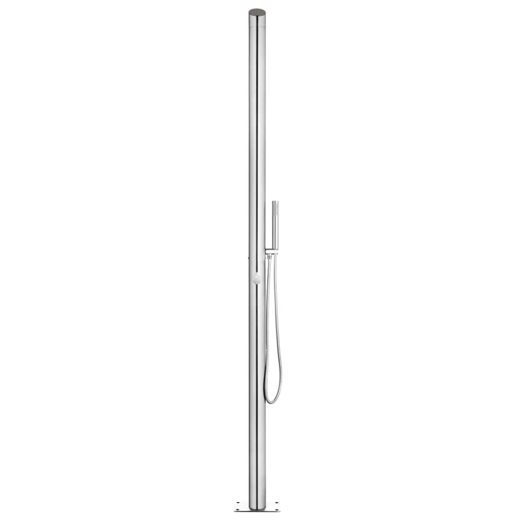 Prysznic ogrodowy z brązową płytą podłogową ze stali nierdzewnej o wysokości 225 cm, płyta podłogowa WPC 80 x 62 cm, słuchawka prysznicowa z wężem 1,5 m, akcesoria basenowe do ogrodu, na