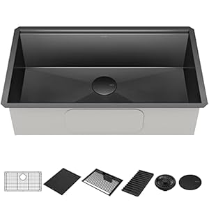 Delta Rivet 32 Inch Black Stainless Steel Undermount 16 Gauge Workstation Kitchen Sink Single Bowl in PVD Gunmetal Finish with WorkFlow Ledge and Accessories, 95B9031-32S-GS Delta Rivet 32 Inch Black Stainless Steel Undermount 16 Gauge Workstation Kitchen Sink Single Bowl in PVD Gunmetal Finish with WorkFlow Ledge and Accessories 95B9031 32S GS