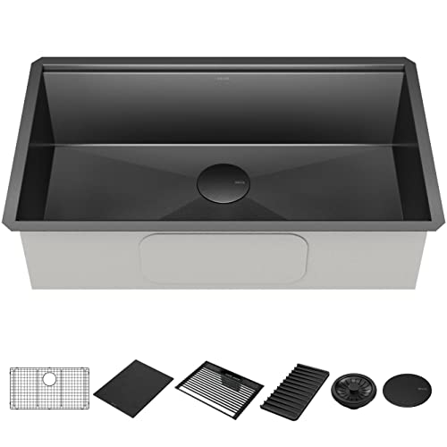 Delta-Rivet-32-Inch-Black-Stainless-Steel-Undermount-16-Gauge-Workstation-Kitchen-Sink-Single-Bowl-in-PVD-Gunmetal-Finish-with-WorkFlow-Ledge-and-Accessories-95B9031-32S-GS Delta Rivet 32 Inch Black Stainless Steel Undermount 16 Gauge Workstation Kitchen Sink Single Bowl in PVD Gunmetal Finish with WorkFlow Ledge and Accessories 95B9031 32S GS