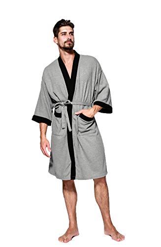 Men's Kimono Robe Cotton Waffle Spa Bathrobe Lightweight Soft Knee Length Sleepwear with Pockets